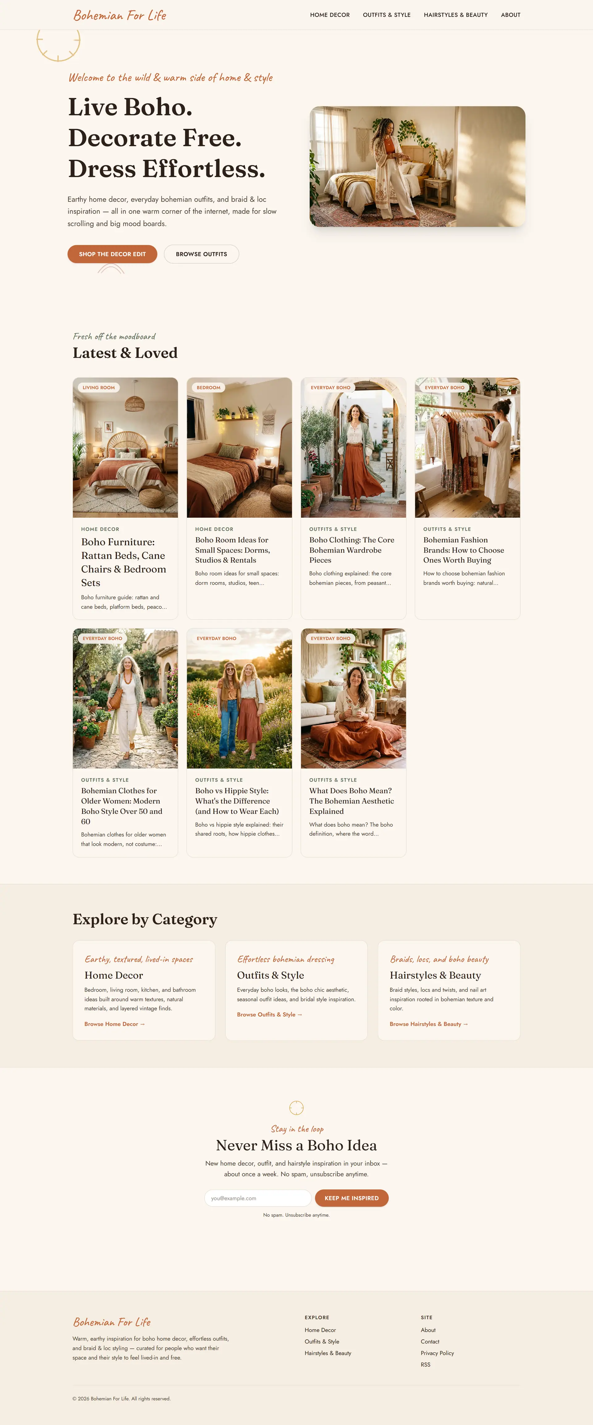 Bohemian For Life — The home page, top to bottom